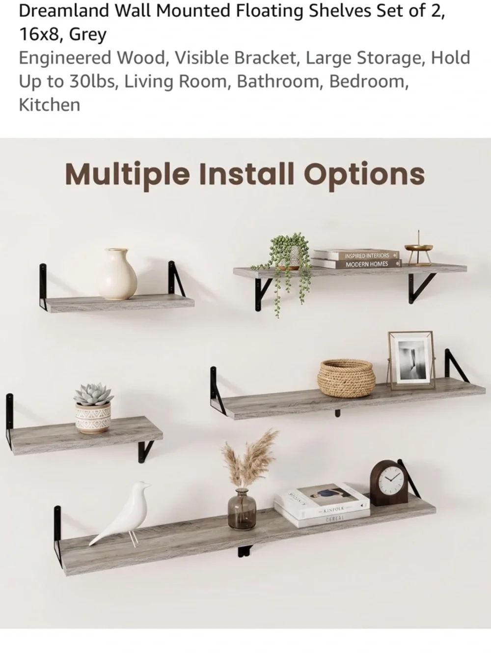 New in Box: Grey Floating Wall Shelves with Black Brackets - Set of 2